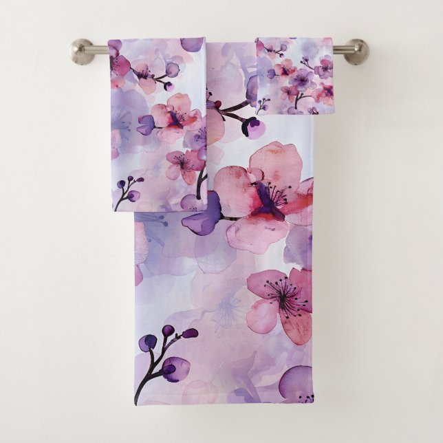 Handgemalte violette Blumen Kirschblüte Badhandtuch Set (Insitu)