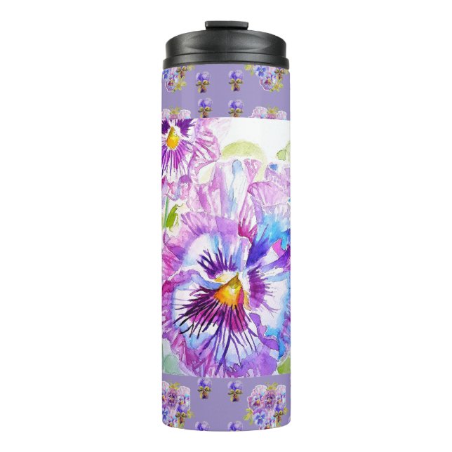 Handgemalte violette Stiefmütterchen Blumen floral Thermosbecher (Vorderseite)