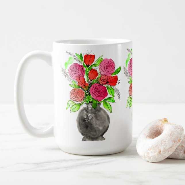 Handgemalte Wasserfarbe Abstrakte Blumenkunst Kaffeetasse (Mit Donut)