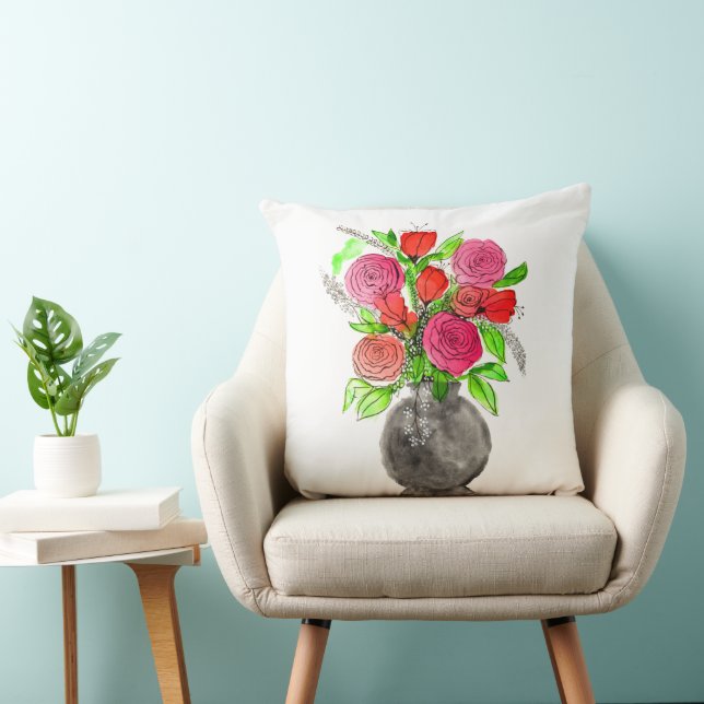 Handgemalte Wasserfarbe Abstrakte Blumenkunst Kissen (Stuhl )
