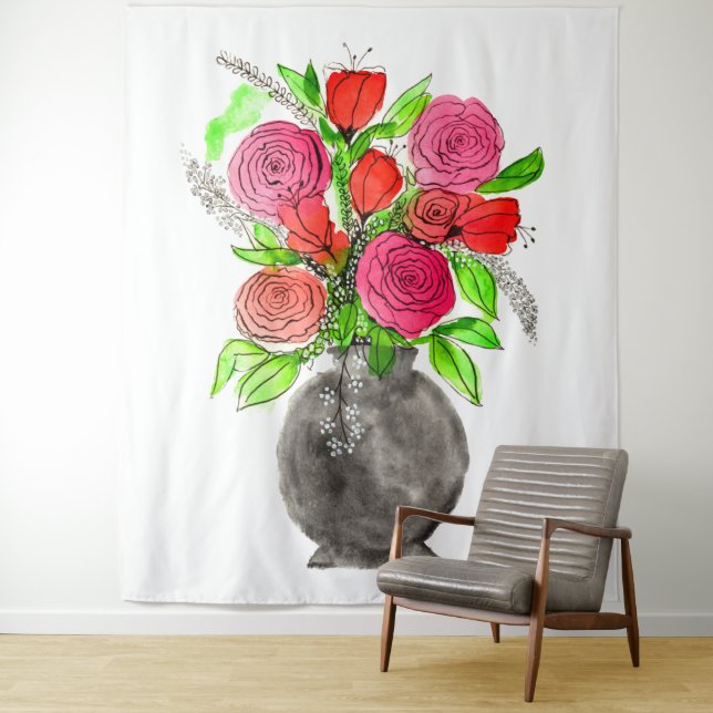 Handgemalte Wasserfarbe Abstrakte Blumenkunst Wandteppich (Beispiel)