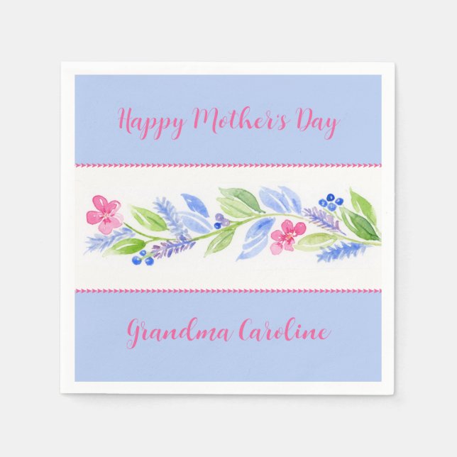Handgemalte Wasserfarbe Floral NAME Mutter Blau Serviette (Vorderseite)