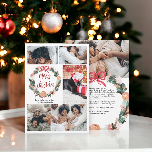 Handgemalte Wasserfarbe Weihnachten 6 Fotos (Hand Painted Watercolor Wreath Christmas 6 Photos Holiday Card)