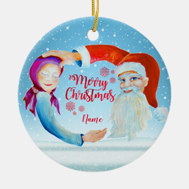Handgemalte Wasserfarben Magischer Weihnachtsmann Keramik Ornament (Vorne)