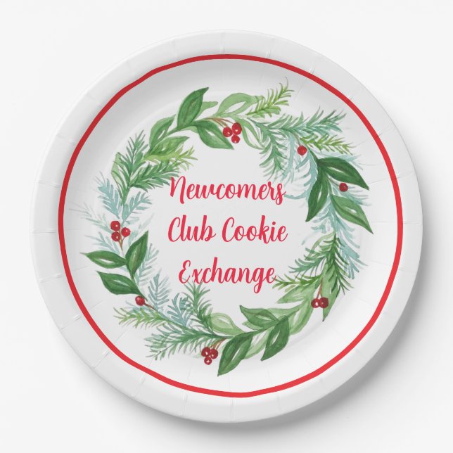 Handgemalte Wasserfarben-Weihnachts-Kranz Pappteller (Vorderseite)