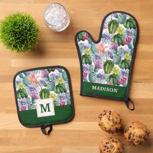 Handgemalte Wasserfarbenkaktus Muster 2 Ofenhandschuh & Topflappen-Set (Oben Unten)