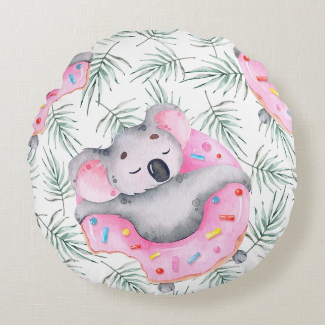 Handgemalte Wasserfarbenmuster mit Koala tropica Rundes Kissen (Vorderseite)
