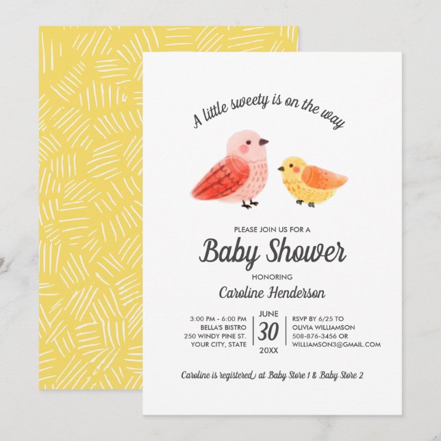 Handgemalte Watercolor Bird Baby Dusche Einladung (Vorne/Hinten)