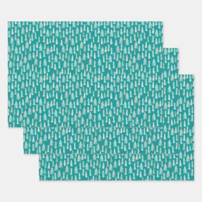 Handgemalte Weihnachtsbaumen Aqua White Blue Aquam Geschenkpapier Set (Set)
