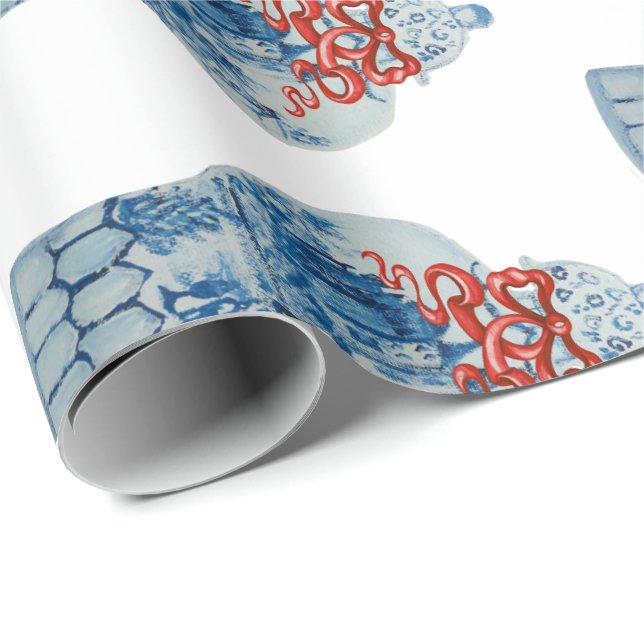 Handgemalte Weihnachtsblauer und Weiße Ingwer Jar Geschenkpapier (Rolleneckpunkt)