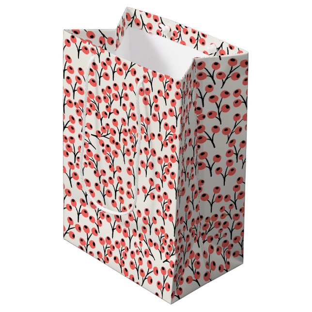 Handgemalte Weihnachtszweige Berries Red White Mittlere Geschenktüte (Vorderseite Schrägansicht)