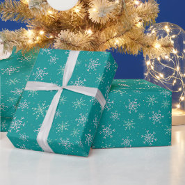 Handgemalte Weiß & Aqua Schneeflocken auf Aquamari Geschenkpapier