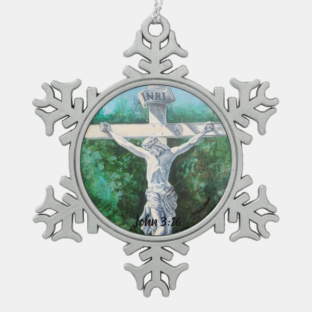 Handgemalte Weiße CRUCIFIX Schneeflocken Zinn-Ornament (Vorderseite)