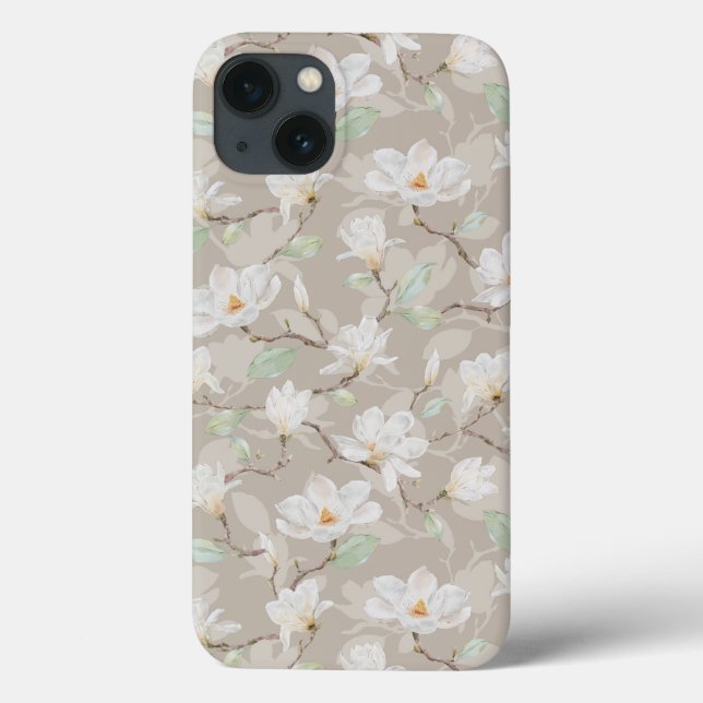 Handgemalte weiße Magnolia auf blütige Beige Case-Mate iPhone Hülle (Rückseite)