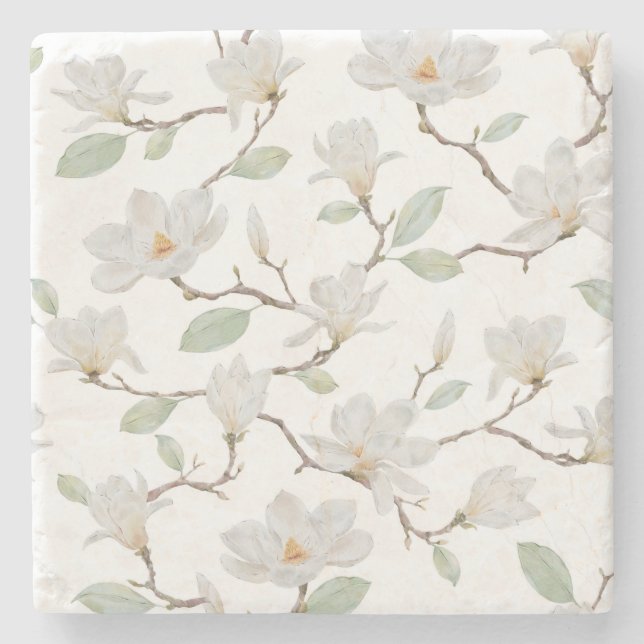 Handgemalte weiße Magnolia auf Weiß Steinuntersetzer (Vorderseite)