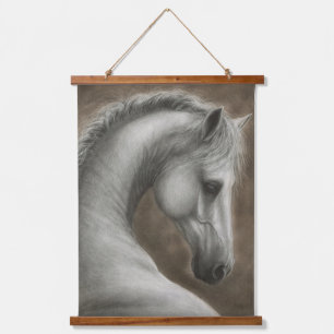 Handgemalte White Horse Kunst Wandteppich Mit Holzrahmen
