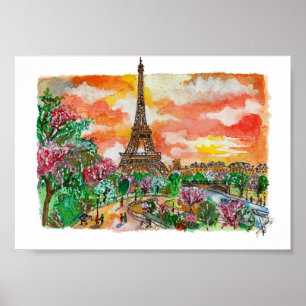 Handgemalter Eiffelturm Paris Aquarell-Kunst Poster