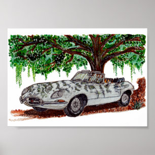 Handgemalter Jaguar E-Type Cabrio Aquarell Poster