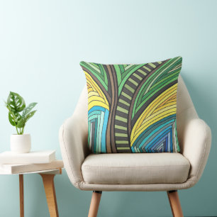 Handgemaltes abstraktes Baum- und Geometrie-Design Kissen