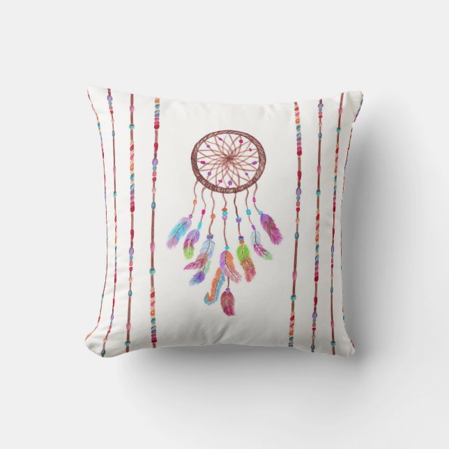 Handgemaltes Aquarell Dreamcatcher bördelt Feder Kissen (Vorderseite)
