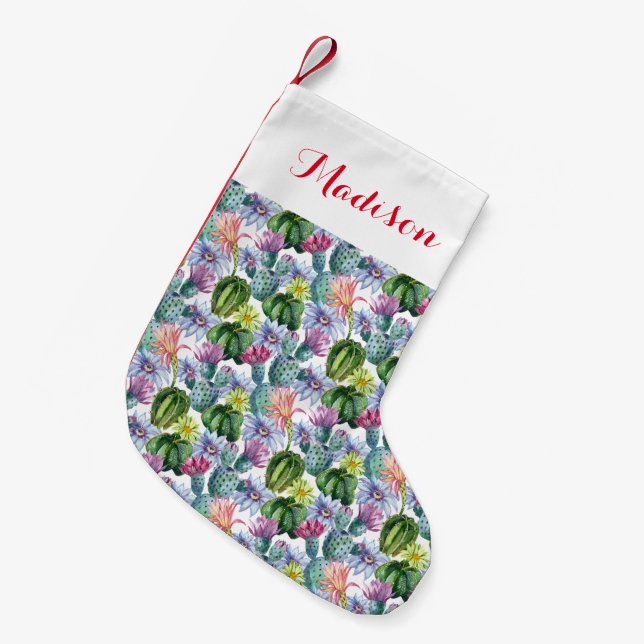 Handgemaltes Aquarell-Kaktus-Muster Kleiner Weihnachtsstrumpf (Vorderansicht (hängend))