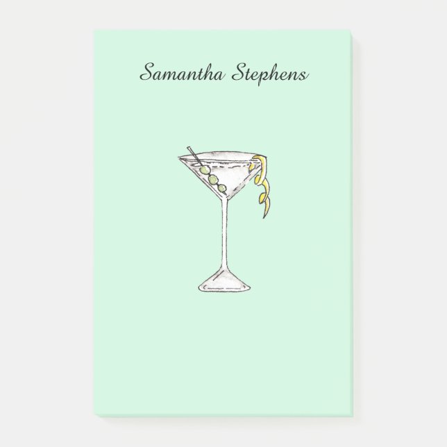 Handgemaltes Aquarell-olivgrünes Martini-Cocktail Post-it Klebezettel (Vorderseite)