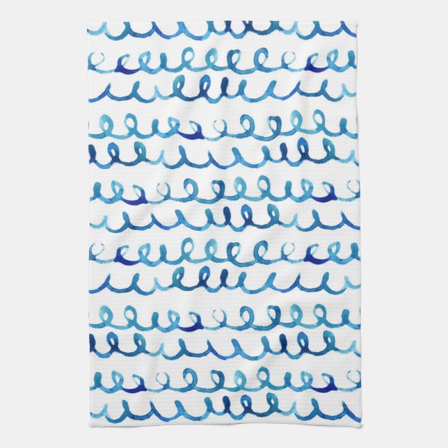 Handgemaltes blaues Aquarell-gewelltes Profil Geschirrtuch (Vertikal)