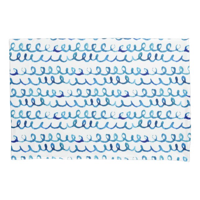 Handgemaltes blaues Aquarell-gewelltes Profil Kissenbezug (Vorderseite-Links)