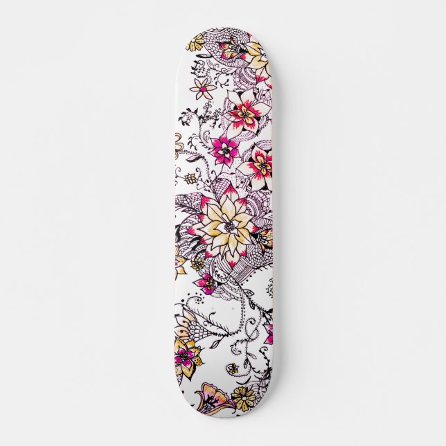 Handgemaltes Blumen des rosa gelben Aquarells Skateboard (Vorne)
