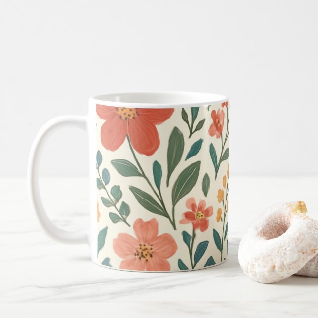 Handgemaltes Blumenmuster – Farbige Botanik  Kaffeetasse (Mit Donut)