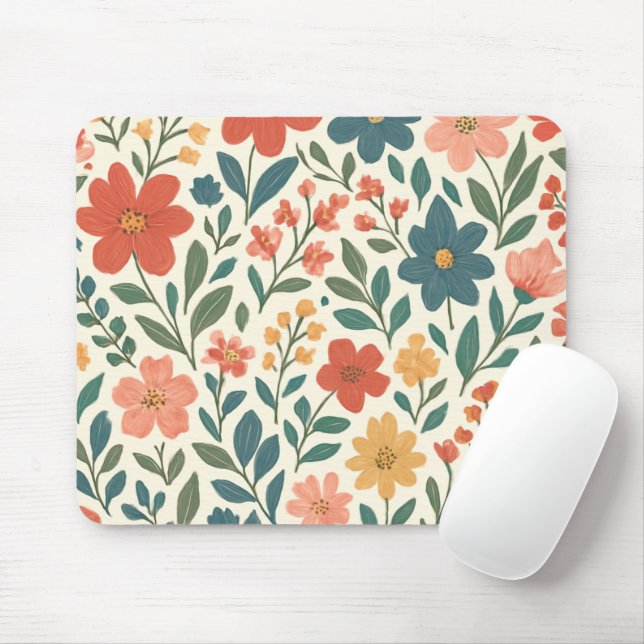 Handgemaltes Blumenmuster – Farbige Botanik  Mousepad (Mit Mouse)
