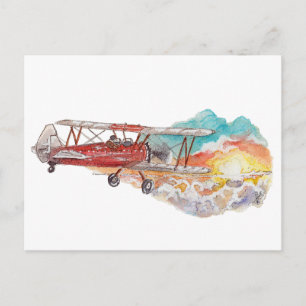 Handgemaltes Doppeldecker-Bush-Flugzeug-Sonnenunte Postkarte