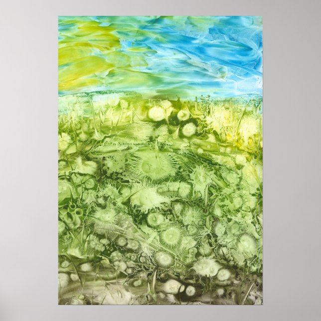Handgemaltes Löwenzahnfeld und blauer Himmel Poster (Vorne)