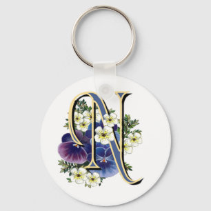 Handgemaltes Pansy-Initialen-Monogramm - N Schlüsselanhänger