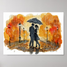 Handgemaltes romantisches Paar im Regen Aquarell
