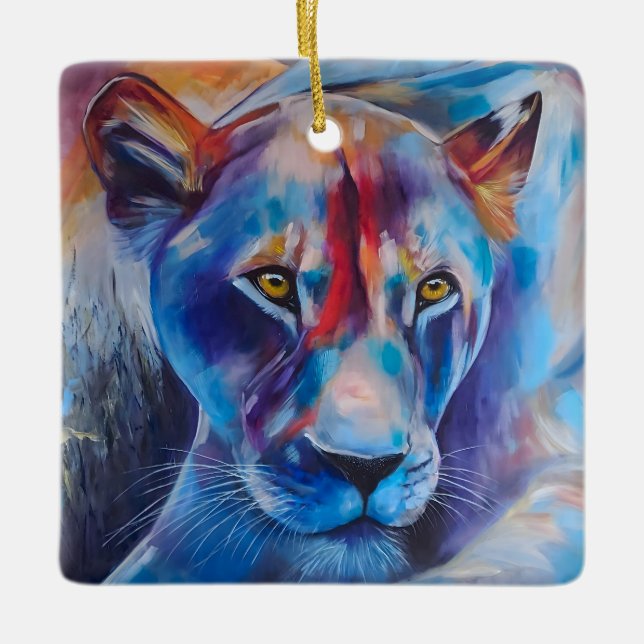 Handgemaltes Wildkatzenporträt Keramikornament (Vorderseite)