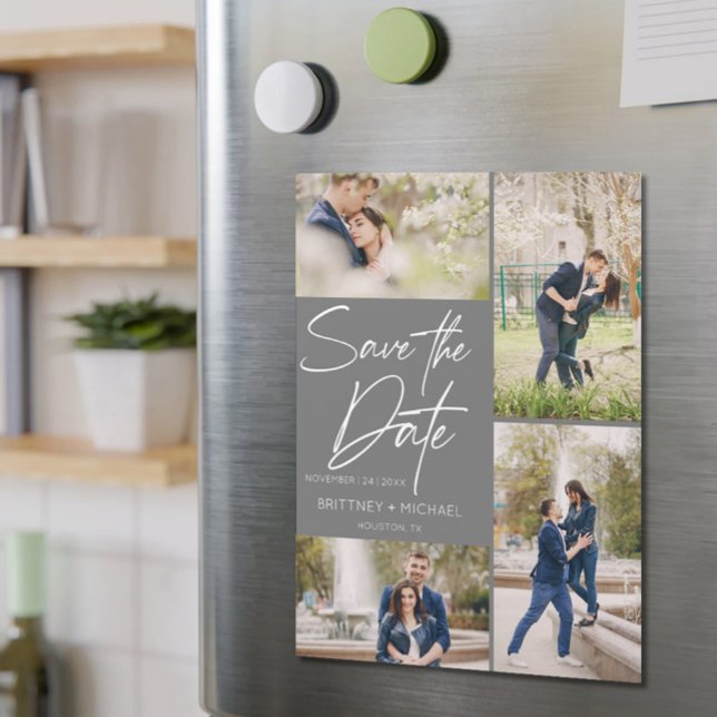 Handgerieftes Collage Save the Date grau Magnetkarte (Von Creator hochgeladen)
