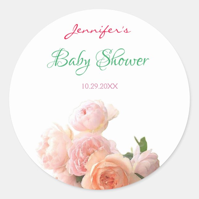 Handgeschriebene Babydusche Wasserfarben Rose Blum Runder Aufkleber (Vorderseite)