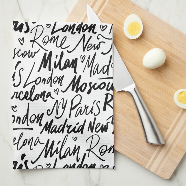 Handgeschriebene berühmte Städte des Weltmusters Geschirrtuch (Viertel Falte)