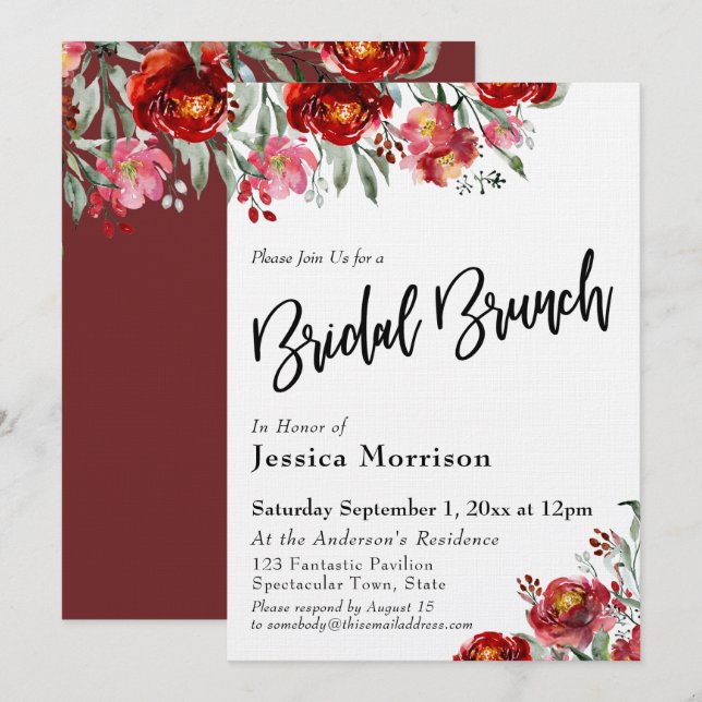 Handgeschriebene Bridal Brunch Burgundy Red Blume Einladung (Vorne/Hinten)