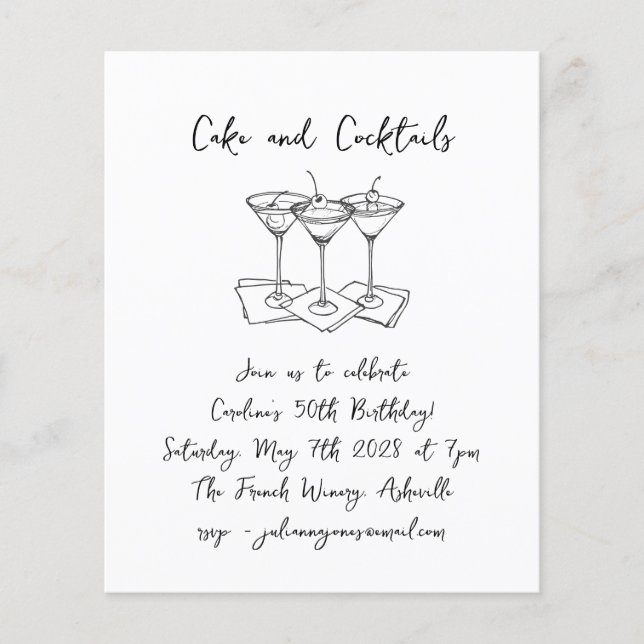 Handgeschriebene Cakes Cocktails Geburtstagspartei (Vorderseite)