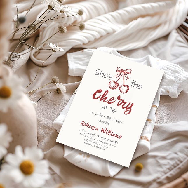 Handgeschriebene Cherry auf Top Bow Girl Baby Dusc Einladung (Von Creator hochgeladen)