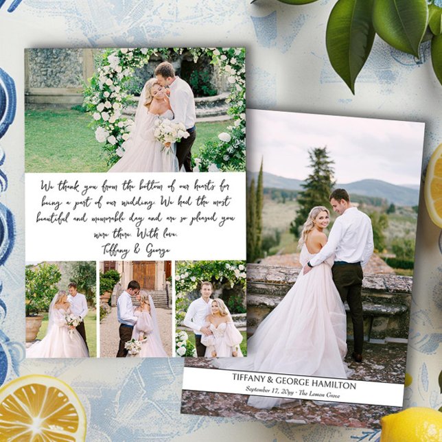 Handgeschriebene Foto Collage Wedding Dankeskarte (Handwritten photo collage wedding thank you card by Darling & May)