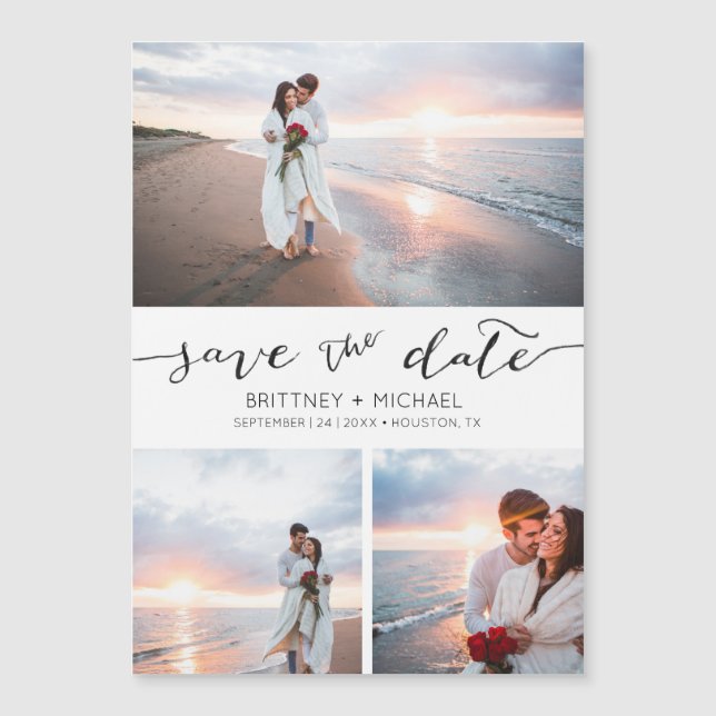 Handgeschriebene FotoCollage White Save the Date Magnetkarte (Vorderseite)