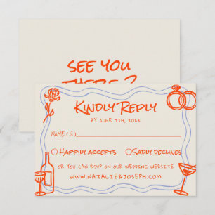 Handgeschriebene Gezeichnet Blue Orange Funky Wedd RSVP Karte