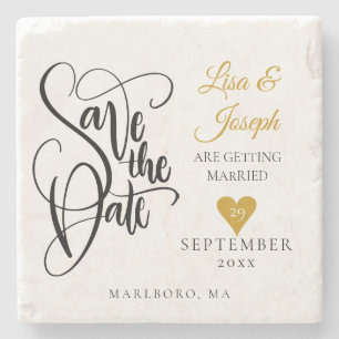Handgeschriebene Goldherz-Schrift Save-the-Date-Ka Steinuntersetzer