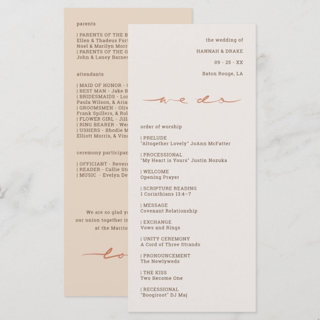 Handgeschriebene Kalligrafie Hochzeit Programm (Vorne/Hinten)