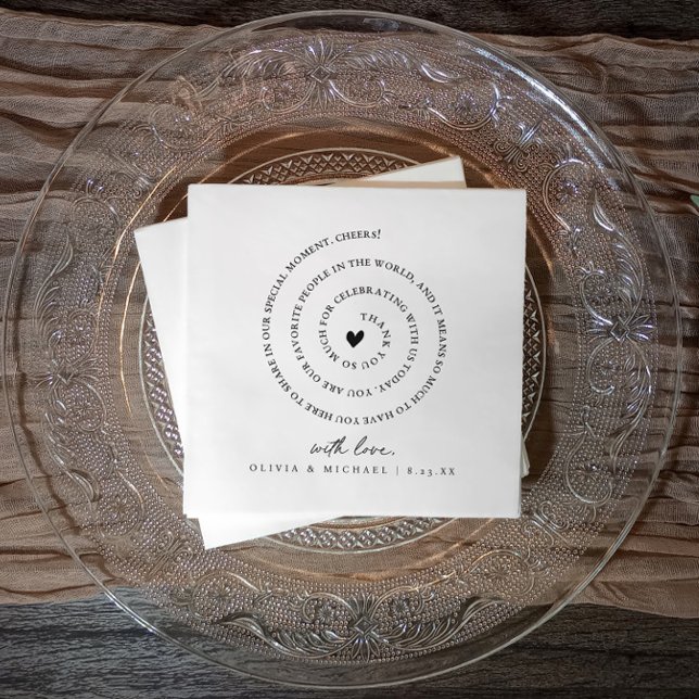 Handgeschriebene Liebe Note Spiral Text Heart Wedd Serviette (Custom modern wedding napkins featuring spiral love note, heart, and couple’s names)