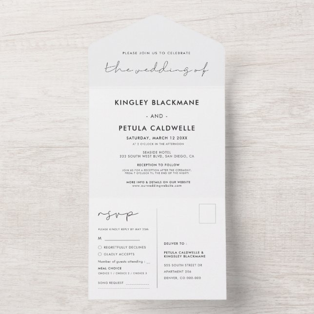 Handgeschriebene minimalistische Hochzeit All In One Einladung (Innen Boden)