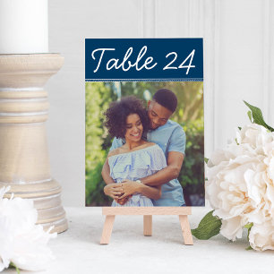 Handgeschriebene Navy Blue Wedding Foto Tischnumme Einladung